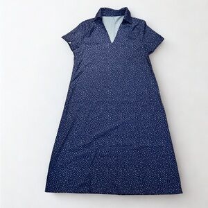 Navy Blue Polka Dot Shift Dress Short Sleeve Collared Size Small